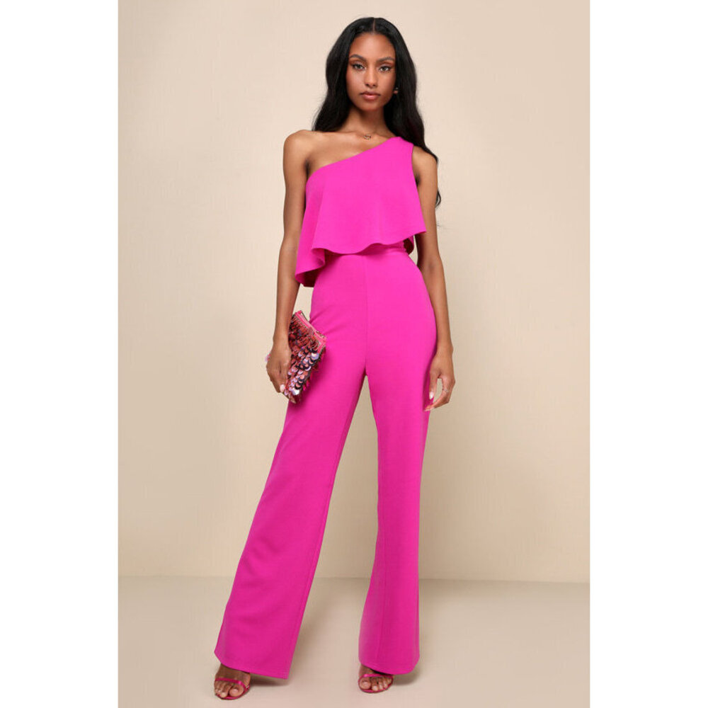 NWT Lulus Flawless Vibes Magenta One-shoulder Tiered Wide-leg Jumpsuit Pink